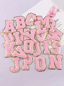 1pc, Pink A-Z 26 Patches With Letters, Ironing On Letters Patch, Clothing Jacket Bag Ornaments Accessories, Alphabet Badges Stickers - Pink - View 2