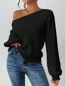 Coeurva Women's Solid Color Oblique Shoulder Long Sleeve Loose Ribbed Casual Knit Pullover Sweater In Fall/Winter - Black - View 6