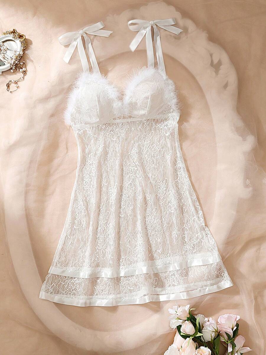 DelicateAllure Váy ngủ nữ bằng vải satin thanh lịch, ren gợi cảm và lưới - trắng - Xem 1