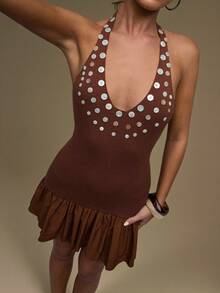 SHEIN BAE Women's Button Decor Ruffle Hem Sexy Halter Knit Dress,Fall Clothes For Women,Fall Sweaters,Women's Fall Clothes ,Winter Clothes Women,Halloween,Christmas, Sweater Dresses,Back To School,Birthday Dresses For Women,Birthday Outfits For Women,Button Decoration,Brown Sweater Dress,