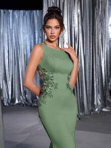 Glamrae 优雅莲花粉色针织船领 3D 花卉刺绣腰部透明美人鱼下摆连衣裙，适合约会、单身派对、毕业典礼、婚礼、正式晚会 - 綠色 - 查看 4