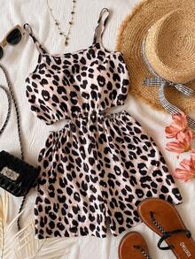 Printed Camisole Vest, Women's Twist Hollow Sleeveless Jumpsuit, Printed Pattern Women's Summer Clothing, Women's Resort Wear, Bohemian Style Fashion, Women's Beach Clothing, Casual Flowing Bohemian Style Women's Clothing, Women's Tropical Clothing - Brown - View 1