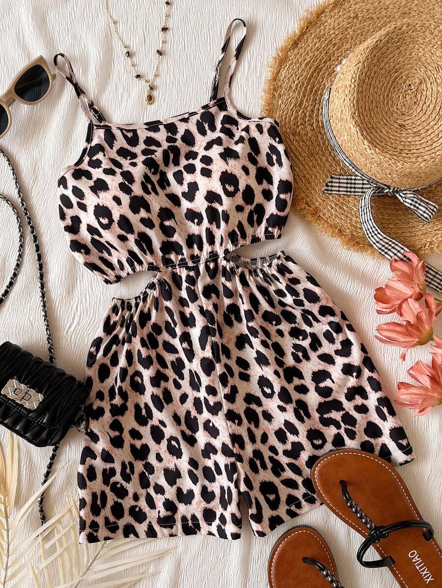 Printed Camisole Vest, Women's Twist Hollow Sleeveless Jumpsuit, Printed Pattern Women's Summer Clothing, Women's Resort Wear, Bohemian Style Fashion, Women's Beach Clothing, Casual Flowing Bohemian Style Women's Clothing, Women's Tropical Clothing - Brown - View 1