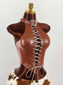 Y2K Amplova Women's Sexy Criss-Cross Backless Halter Neck Top, Summer Rodeo Cowgirl Brown 2 Piece Set - Brown - View 10