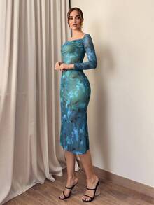 Aloruh Elegant Summer Mesh Printed Beach Vacation Dress - Multicolor - View 4