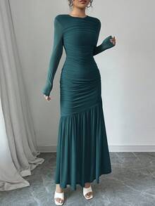 Firerie 女士网眼长袖圆领连衣裙，适合秋季，返校装，教师装 - 水鴨藍 - 查看 3