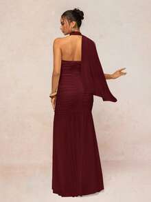 Lumalex Halter Neck Chiffon Flowy Ruched Bust Padded Bodycon Dress For Women