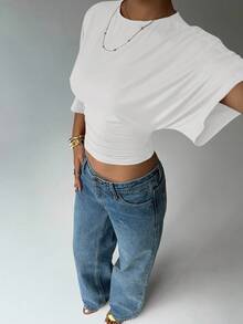 Aloruh Casual Solid Color Batwing Sleeve Cropped T-Shirt, Summer,White Shirt - White - View 5