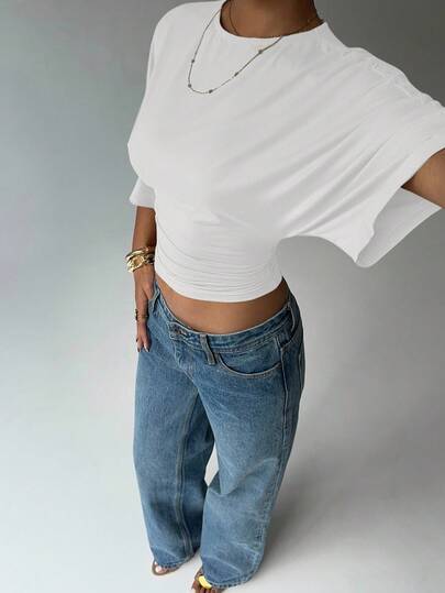 Aloruh Casual Solid Color Batwing Sleeve Cropped T-Shirt, Summer,White Shirt Formal Occasion, Special Re-Wearable Butterfly Comfortable Soft Breathable