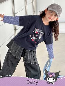 DAZY HELLO KITTY AND FRIENDS | SHEIN 小女孩圆领针织卡通印花格子拼布长袖T恤，秋季 - 藍色 - 查看 2