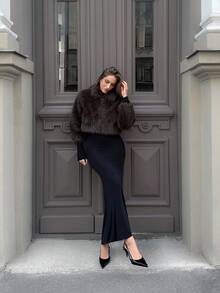 PREMIUM Women's Solid Color Long Sleeve Faux Fur Collar Elegant Jacket, Autumn/Winter - Coffee Brown - View 4