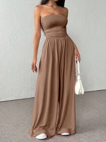 SHEIN Unity 休闲百褶宽松连体裤，四季皆宜 - 卡其色 - 查看 6