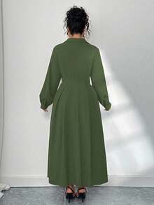 Elenzga 优雅通勤纯色灯笼袖连衣裙，大码女式秋季长裙 - 軍綠色 - 查看 2