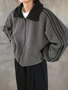 FRIFUL 女式常规领袖装饰丝带拼布灯芯绒撞色夹克 - 灰色 - 查看 1