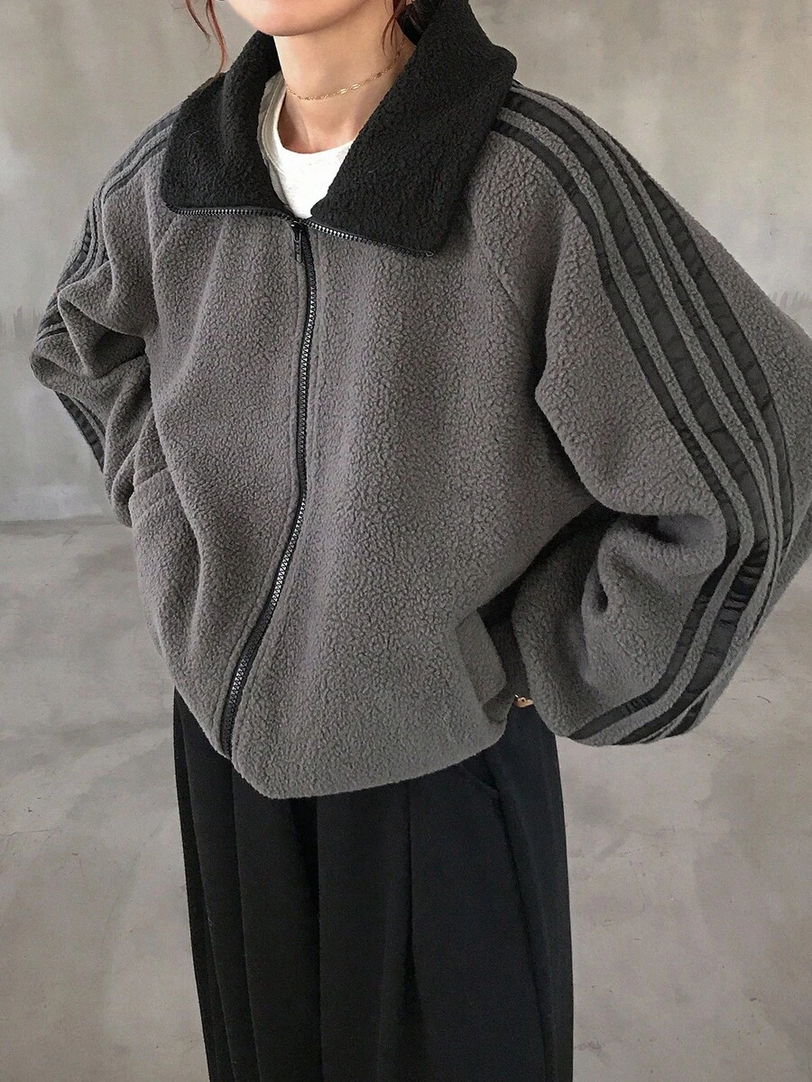 FRIFUL 女式常规领袖装饰丝带拼布灯芯绒撞色夹克 - 灰色 - 查看 1