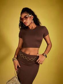 INAWLY Solva Ladies' Fashion Solid Color Short Sleeve T-Shirt And Skirt Set - Coffee Brown - View 1