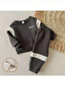 Loomiva 2 件套男婴休闲字母印花撞色圆领长袖运动衫和松紧腰裤套装 - 灰色 - 查看 3