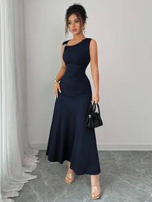 Elenzga 全新不对称领口金属装饰腰部褶饰度假休闲优雅女式连衣裙 - 寶藍色 - 查看 6