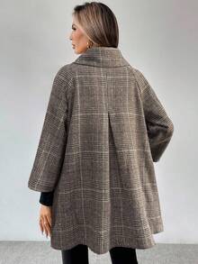 LanaWest 女士灰色可追溯格子面料高领翻领金属纽扣设计宽松下摆 3/4 袖优雅经典感恩节万圣节街头休闲波西米亚风秋冬新款时尚宽松羊毛夹克 - 灰色 - 查看 2