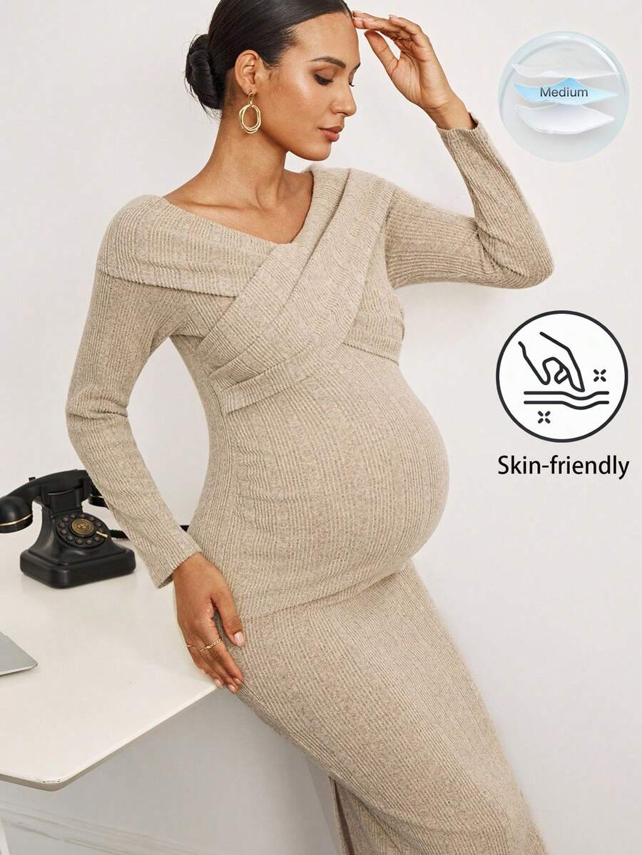 MaterniWear Büro, Business Lässig Frau, Herbstkleidung, Herbstkleidung, Umstandsmode Herbst Umstandsmode Lässige Mode Vielseitige einfarbige lose Langarm Umstandskleid Beige Umstandskleid Umstandskleid für Fotoshootings Umstandskleidung Herbst Winter Geripptes Umstandskleid Gestricktes Umstandskleid