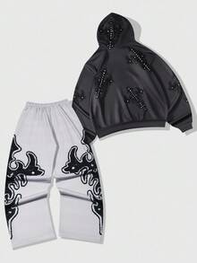 ROMWE MEN Street Life Men's Cross Hoodie And Relaxed Fit Pants Set, Fall Clothes - Multicolor - View 2
