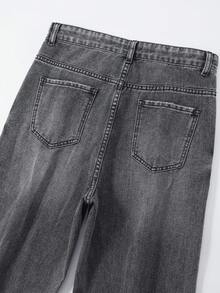 SHEIN 复古休闲街头风格磨边五口袋宽腿宽松牛仔裤，适合少女，全年时尚必备品 - 黑色 - 查看 5