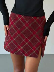 Aloruh 女士百搭百搭万圣节和圣诞节红色格子优雅A字迷你裙 - 紅色 - 查看 7