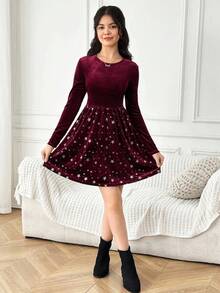 SHEIN Robe longue à manches longues rouge élégante en velours patchwork étoile en forme de ligne A pour adolescentes - Rouge - Voir 3