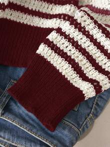 CosyJoli Plus Size Casual Polo Collar Striped Long Sleeve Pullover Sweater Collared Sweater Striped Pullover Sweater Fall Striped Sweater Striped Sweater Women Striped Sweater/ Winter - Burgundy - View 4