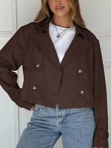 SHEIN EZwear Women's Solid Color Double-Breasted Casual Long Sleeve Woven Jacket,Fall,Brown Jacket Cropped Blazer Brown Blazer Women Cropped Jacket