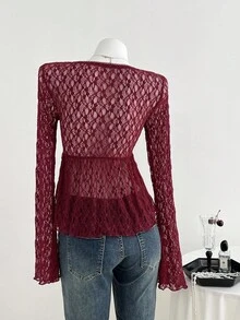 SHEIN Unity Women's Shirt,Burgundy,Summer,Elegant,Dinner Date,V-Neck,Bustier Design,Pleated Chest,Floral Collar Inset,Fitted Silhouette,Flared Cuffs,Long Sleeve - Hot Pink - View 4