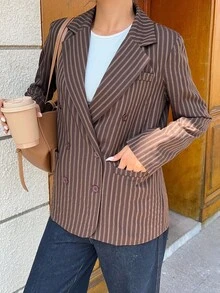 SHEIN Unity 条纹双排扣西装外套，学院风，秋冬 - 棕色 - 查看 7
