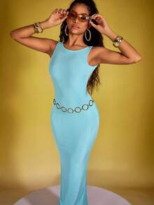 INAWLY 夏季實心無背緊身連衣裙