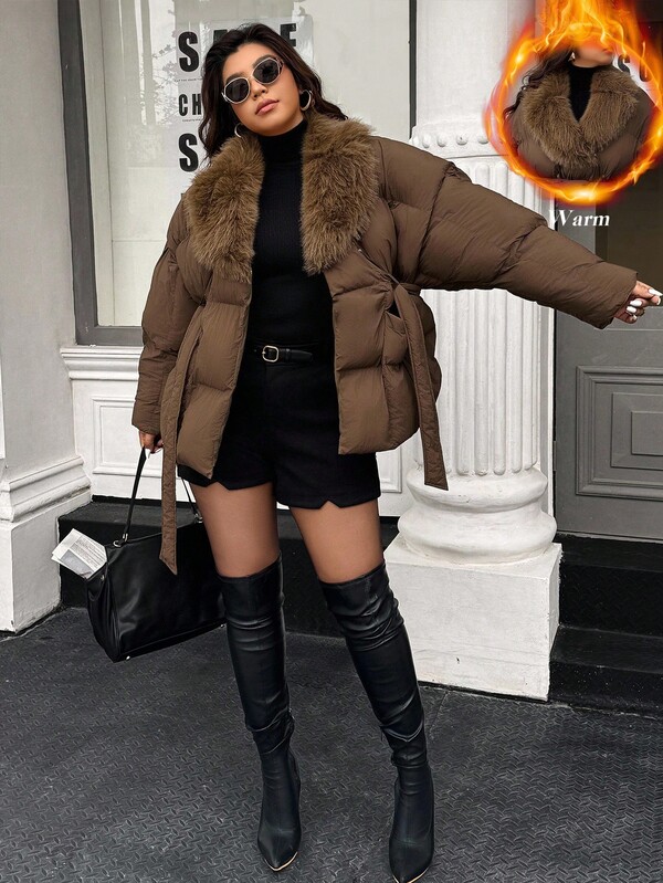 Easura Abrigo acolchado con cinturón, cuello de piel sintética y parches de mujer talla grande de moda casual de invierno