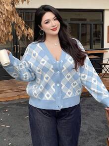 Dazy Plus 大码女式心形提花格子 V 领宽松休闲毛衣开衫，蓝色秋冬 - 藍色 - 查看 4