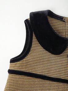 PrepCrw 1 件年轻女孩优雅学院风休闲都市可爱黑领黑黄千鸟格无袖连衣裙，适合外出、聚会、返校、秋冬 - 彩色 - 查看 6