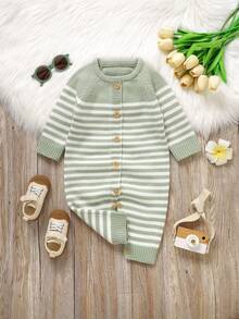 Pale Green Infant Knitted Romper: Round Neck Long Sleeve Simple Striped Design, Fashionable Jumpsuit Versatile Style Baby Boys Winter Clothes Baby Boys Fall Clothes Baby Boys Fall Outfits