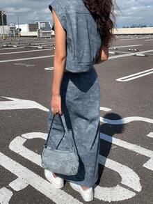 DAZY 女士单排扣短袖外套和口袋中长裙休闲两件套，秋冬款 - 淺色水洗藍 - 查看 3