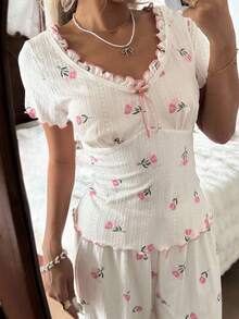 CottageSlumber Tulip Pattern Collar Splice Ruffle Trim Casual Cute Pajama Set  Cozy And Elegant Details - White - View 7