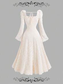 SHEIN MOD 女式杏色花卉蕾丝修身喇叭袖中长连衣裙 - 杏色 - 查看 3