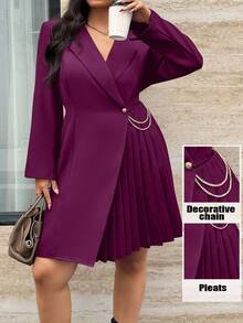 Calvaya Vestido envolvente plisado de unicolor elegante talla grande, adecuado para ir al trabajo - Morado - Ver 3