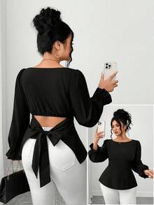 Elenzga 大码女式纯色泡泡袖蝴蝶结露背优雅休闲衬衫，夏秋季 - 黑色 - 查看 1