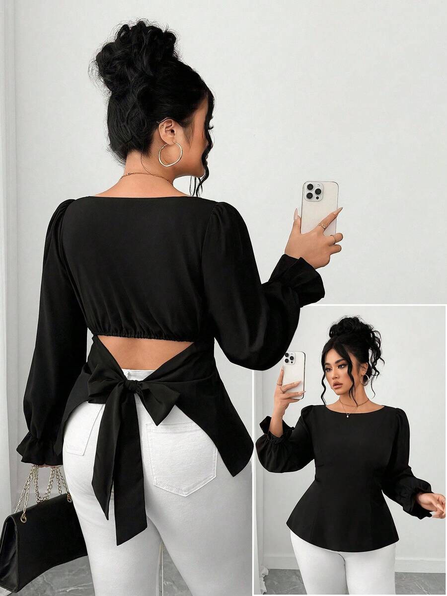 Elenzga 大码女式纯色泡泡袖蝴蝶结露背优雅休闲衬衫，夏秋季 - 黑色 - 查看 1