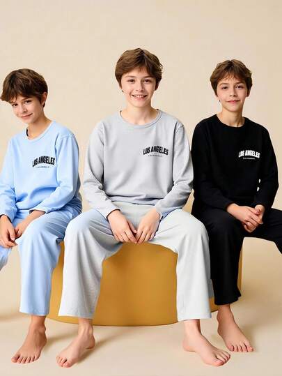 6pcs Tween Boys Casual Comfortable Pajama Set, Includes Long Sleeve Top With Fashionable Letter Print And Solid Color Relaxed Fit Pants Fall Winter