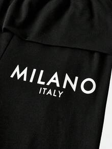 SHEIN 青少年女孩休闲黑色圆领字母印花褶皱长袖修身针织上衣和喇叭裤套装，适合居家和外出，喇叭裤套装，母子装 - 黑色 - 查看 5