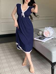 女式夏季深V领蝴蝶结蕾丝边无袖睡袍 - 藏蓝色 - 查看 6