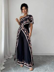SHEIN Raffinéa 2pcs Set: Elegant Sexy Shoulder Print Loose Top And Wide Leg Pants Prom Gown For Prom Night - Black - View 6