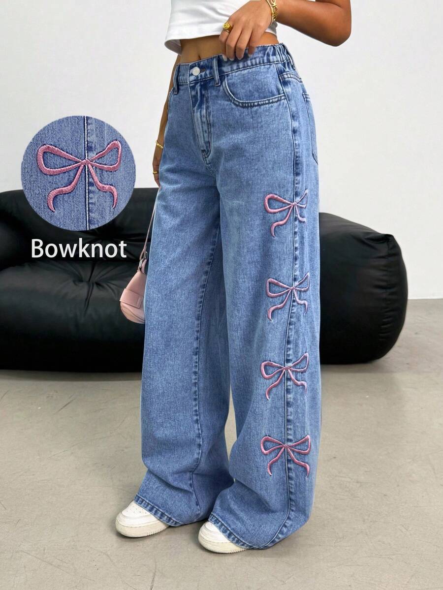 女童粉色蝴蝶结刺绣牛仔裤 - 中等水洗藍 - 查看 1
