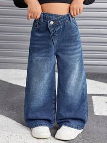 SHEIN 女童Y2K复古蓝色牛仔保暖内衬不对称腰宽松裤，秋冬季，清凉/女童感恩节，儿童阔腿牛仔裤 - 深色水洗藍 - 查看 6