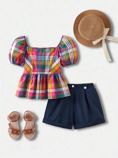 Joliand Joliand Tween Girl Elegant Plaid Square Neck Short Sleeve Top And Elastic Waist Shorts Set Back To School  School  Clothes School Supplies